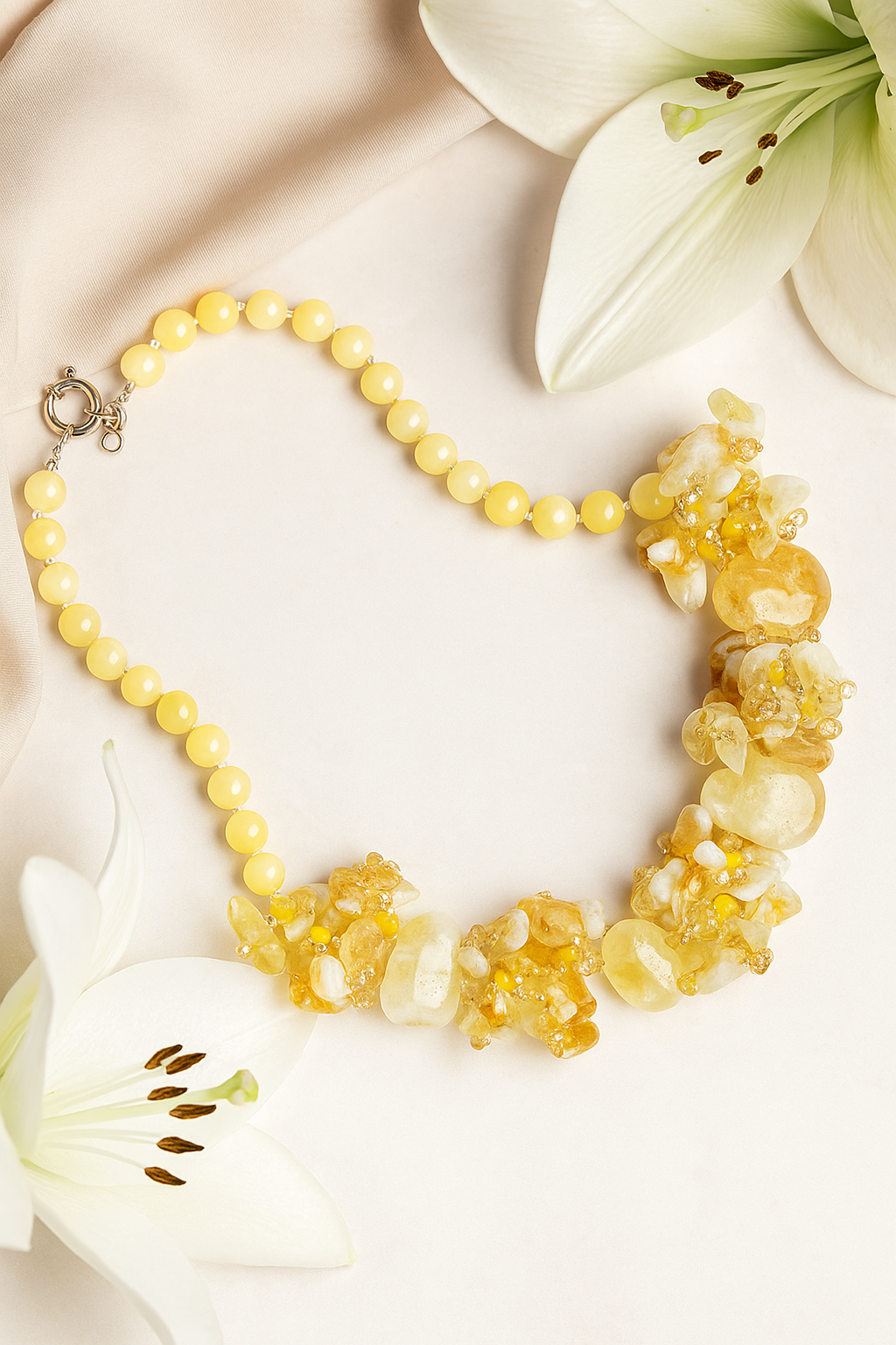 Zevar Club Yellow, Aqua Blue Semi Precious Gemstone Cluster Beaded Handcrafted Designer Statement Necklace