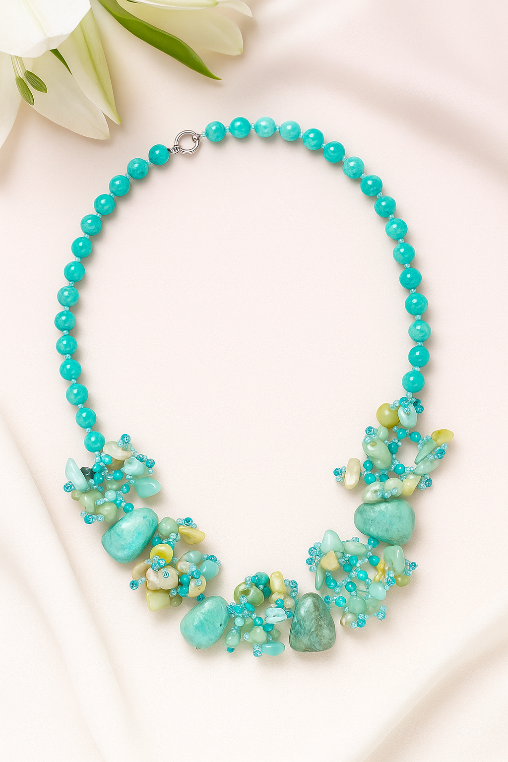 Zevar Club Yellow, Aqua Blue Semi Precious Gemstone Cluster Beaded Handcrafted Designer Statement Necklace