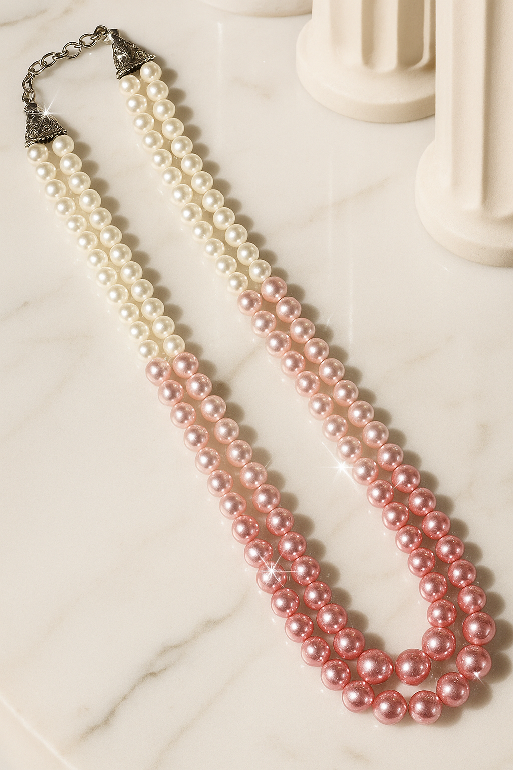 Zevar Club Double Layer Pink, Grey, Yellow & Black Glossy Pearl Royal Statement Necklace