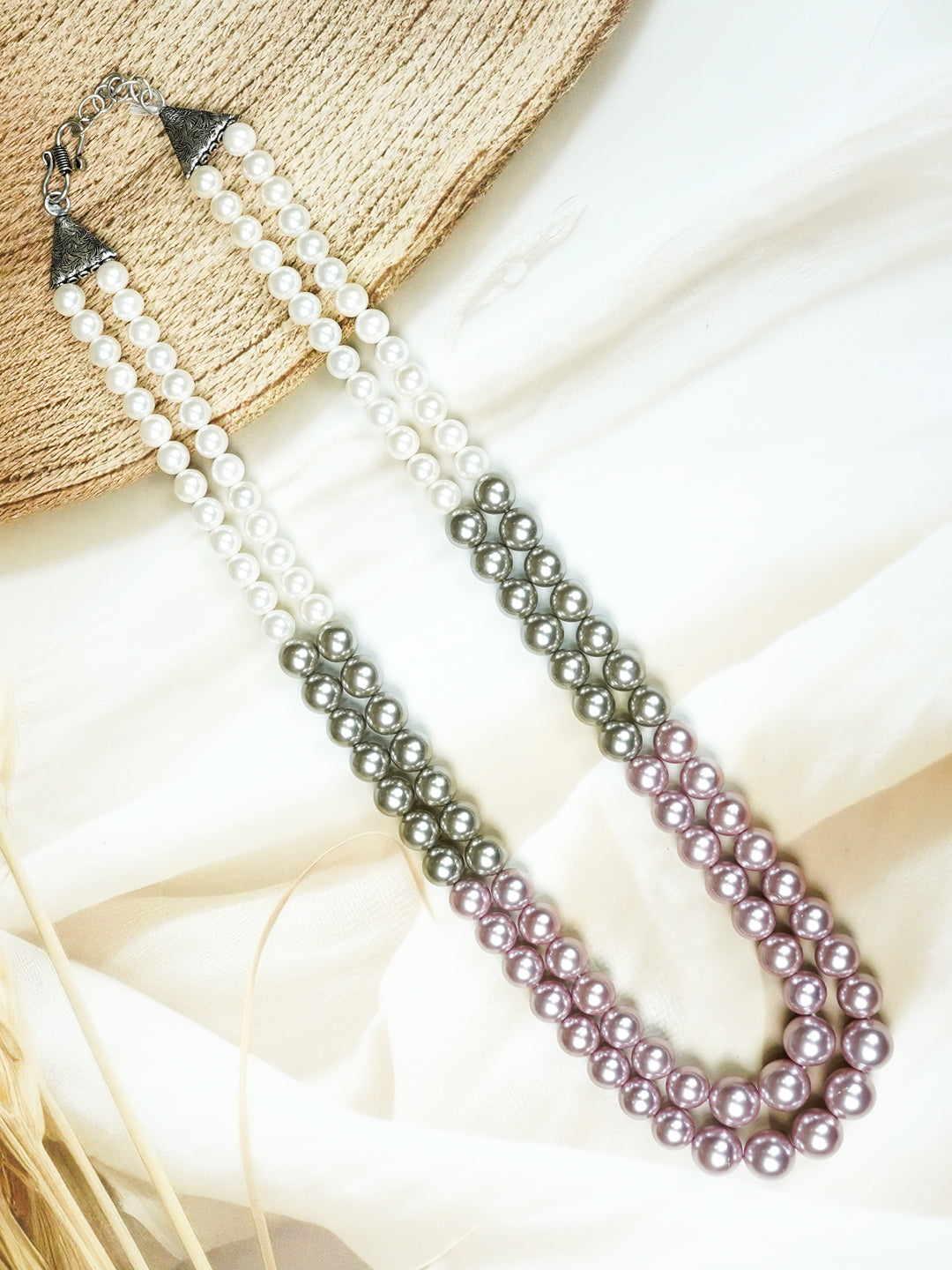 Zevar Club Double Layer Pink, Grey, Yellow & Black Glossy Pearl Royal Statement Necklace