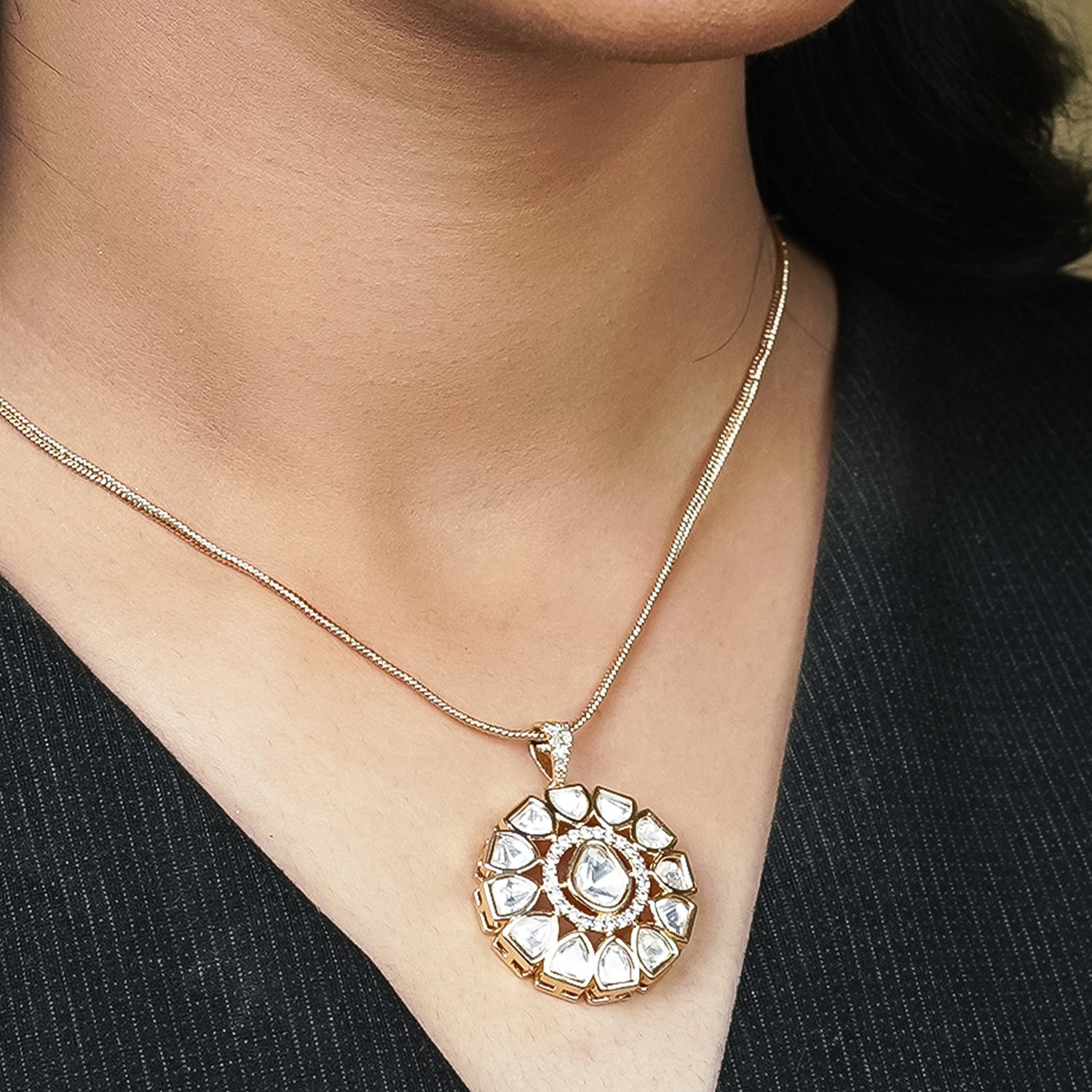 Zevar Club 22K Gold-Plated Uncut Flower Kundan Pendant Set