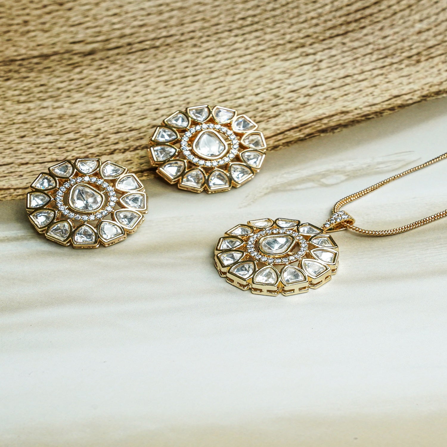 Zevar Club 22K Gold-Plated Uncut Flower Kundan Pendant Set