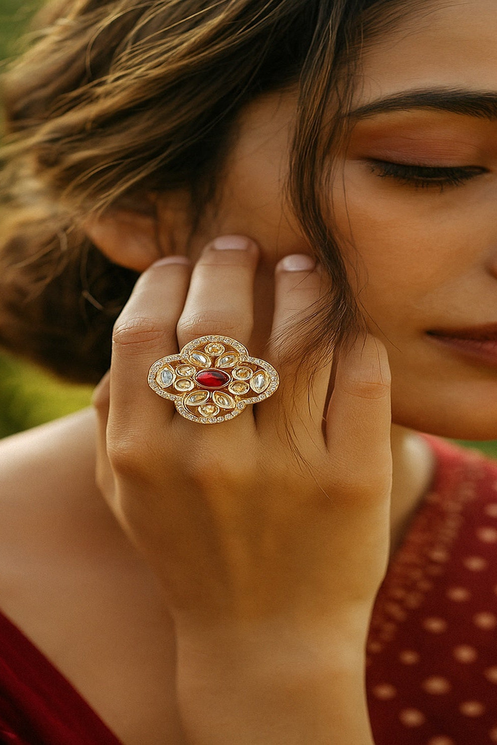 Zevar Club Gold-Toned White Kundan & Ruby Red Stone Studded Floral Adjustable Ring