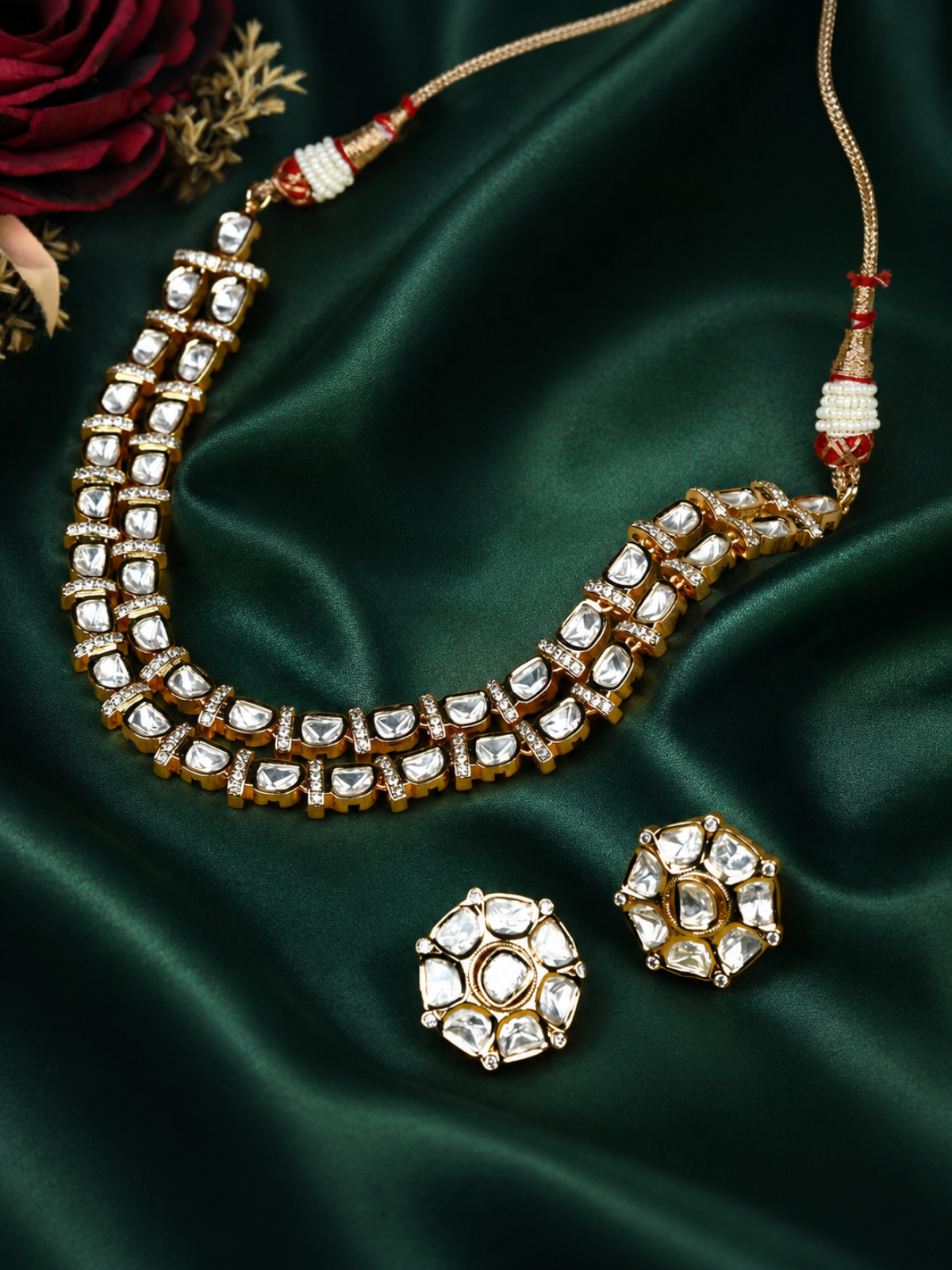 Zevar Club 24K Gold Plated White Kundan Studded Double Layer Handcrafted Jewellery Set with Earrings for Women