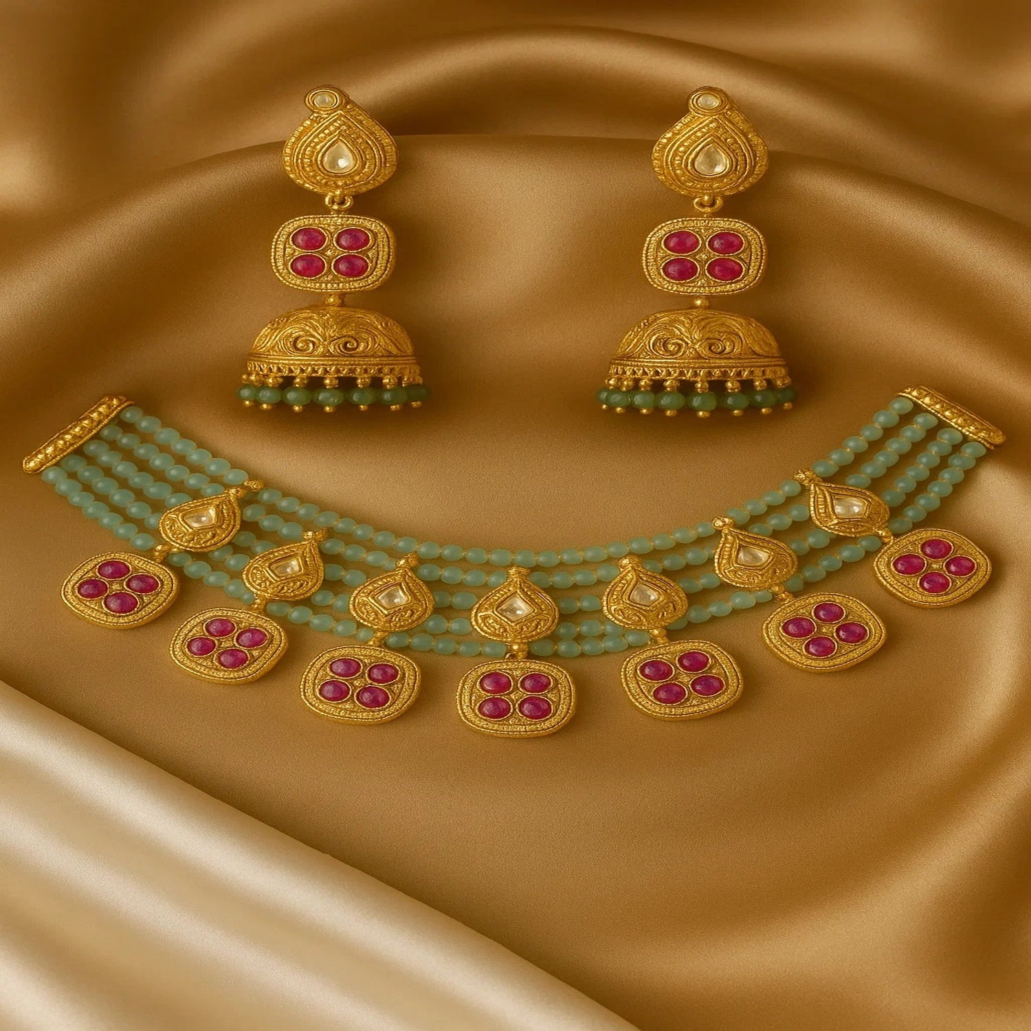 Zevar Club 22K Gold-Plated Aqua Blue Beaded & Purple Floral Kundan Statement Necklace Set