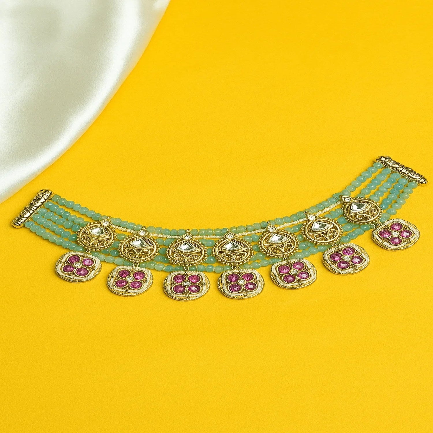 Zevar Club 22K Gold-Plated Aqua Blue Beaded & Purple Floral Kundan Statement Necklace Set