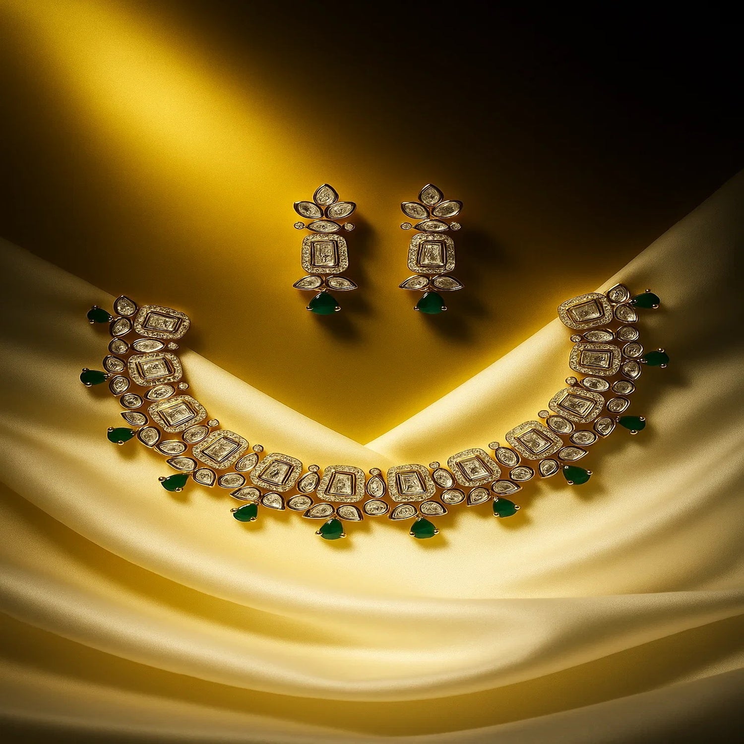 Zevar Club 22K Gold-Plated White Kundan & Emerald Green Studded Cubic Zirconia Accents Bridal Statement Necklace Set