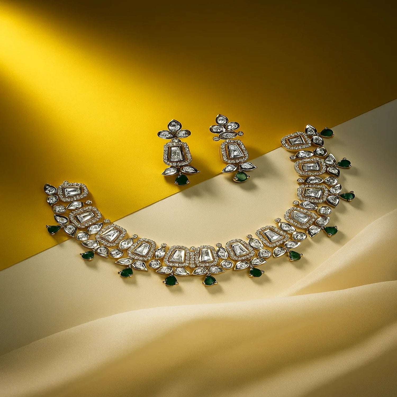 Zevar Club 22K Gold-Plated White Kundan & Emerald Green Studded Cubic Zirconia Accents Bridal Statement Necklace Set