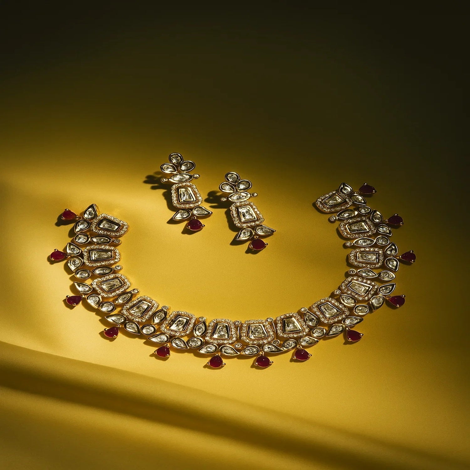 Zevar Club 22K Gold-Plated White Kundan & Ruby Pink Stone Studded Cubic Zirconia Accents Bridal Statement Necklace Set