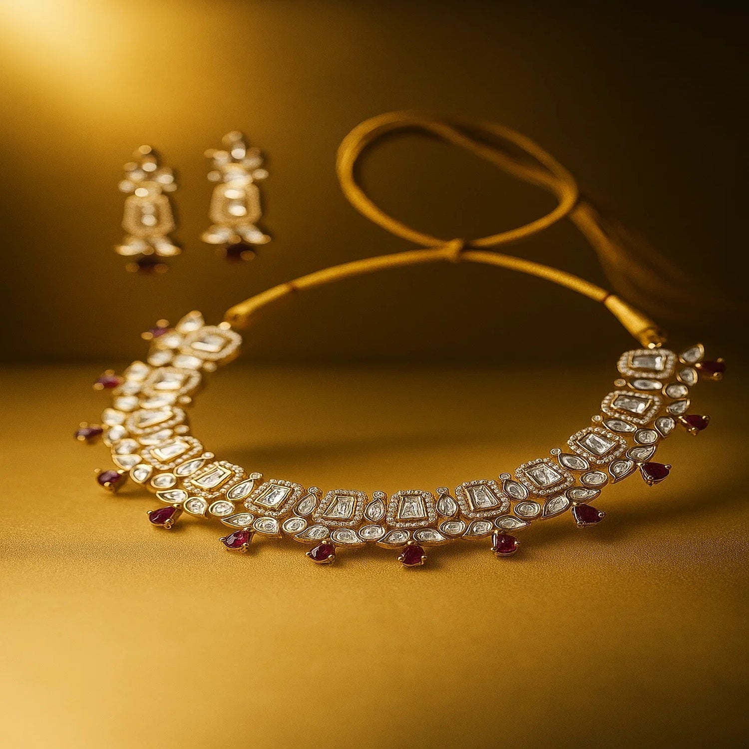 Zevar Club 22K Gold-Plated White Kundan & Ruby Pink Stone Studded Cubic Zirconia Accents Bridal Statement Necklace Set