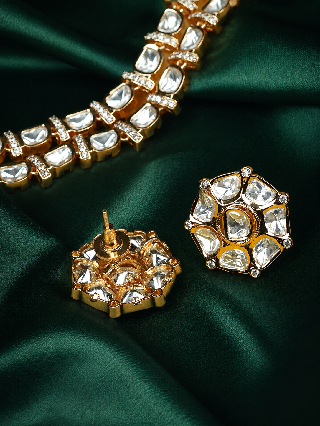 Zevar Club 24K Gold Plated White Kundan Studded Double Layer Handcrafted Jewellery Set with Earrings for Women