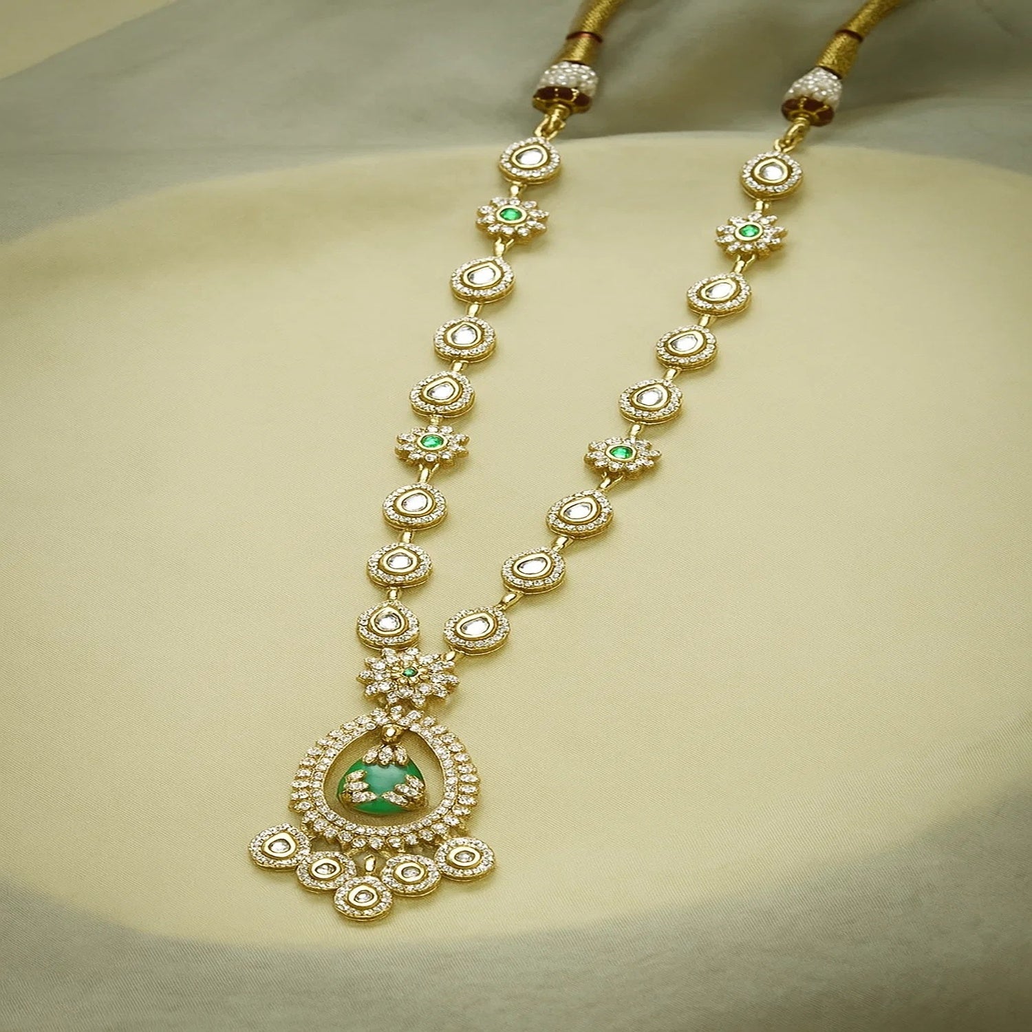 Zevar Club 22K Gold-Plated White Kundan & Emerald Green Cubic Zirconia Studded Long Statement Necklace Jewellery Set