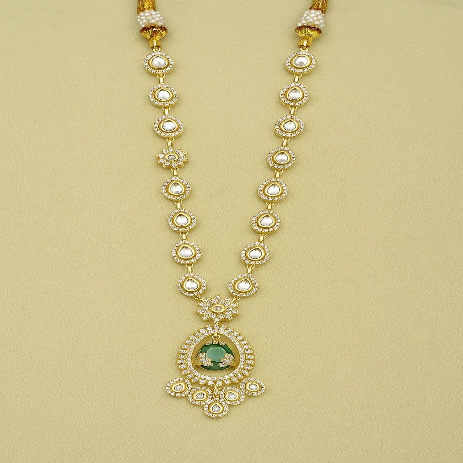 Zevar Club 22K Gold-Plated White Kundan & Emerald Green Cubic Zirconia Studded Long Statement Necklace Jewellery Set
