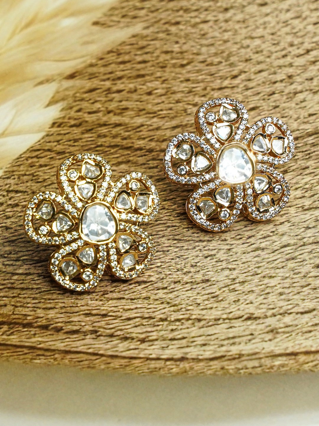 Zevar Club 12K Gold-Plated Flower Shaped Kundan Diamond Studs