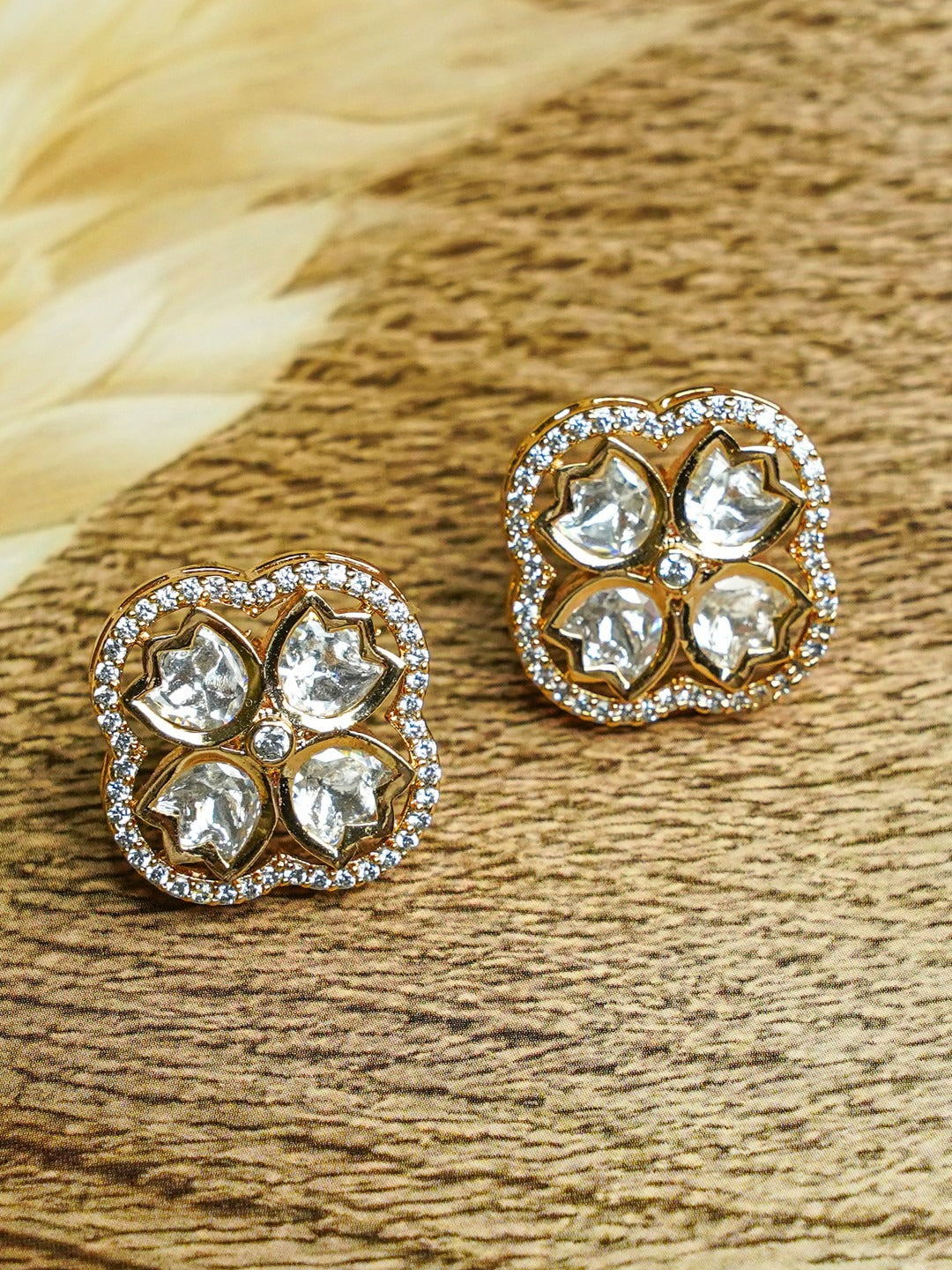 Zevar Club 12K Gold-Plated Lotus Kundan Diamond Studs