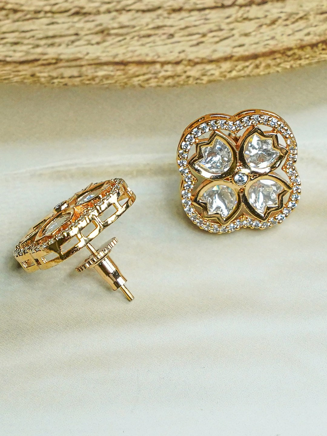 Zevar Club 12K Gold-Plated Lotus Kundan Diamond Studs