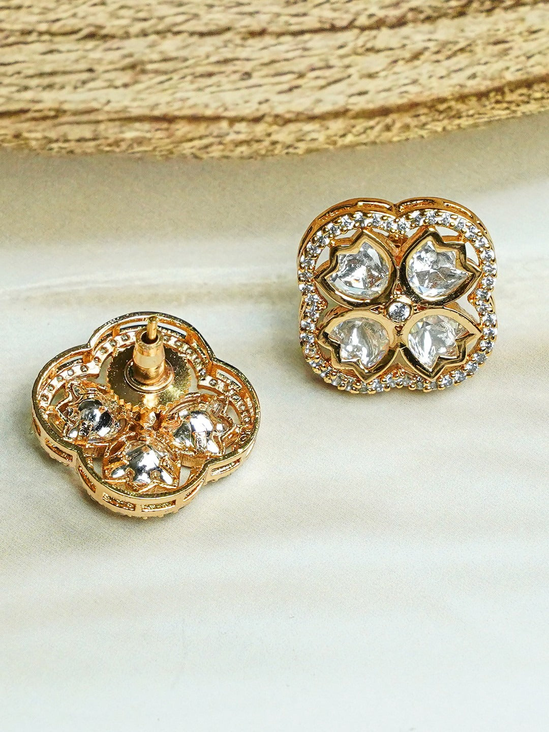 Zevar Club 12K Gold-Plated Lotus Kundan Diamond Studs