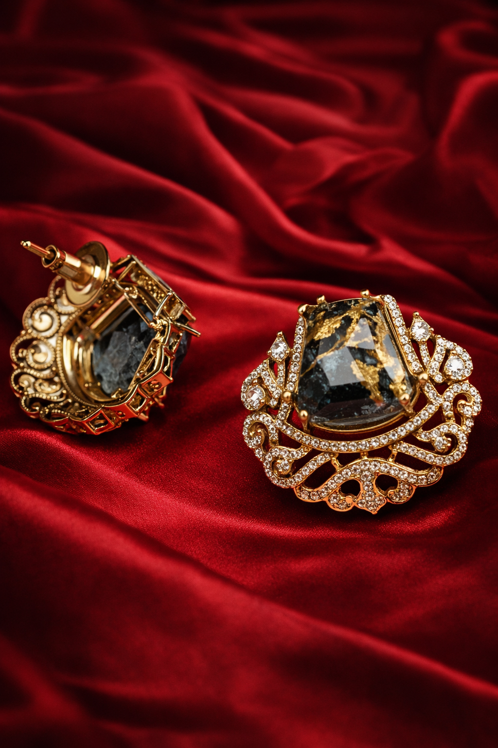 Zevar Club Gold-Tone Smoky Black Stone & AAA Cubic Zirconia Statement Stud Earrings