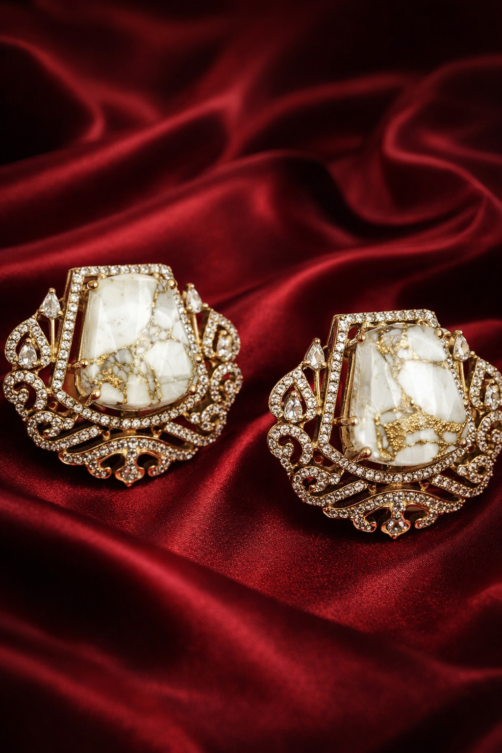 Zevar Club Rhodium-Plated Marble-Effect White Gemstone & AAA Cubic Zirconia Statement Stud Earrings