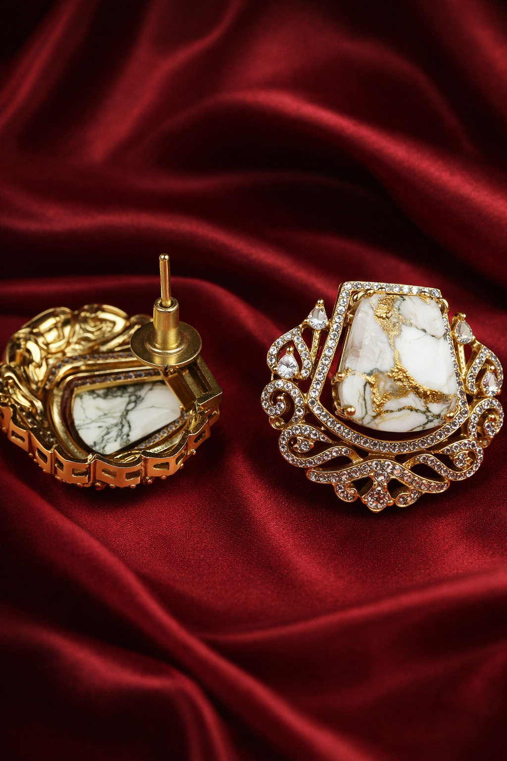 Zevar Club Rhodium-Plated Marble-Effect White Gemstone & AAA Cubic Zirconia Statement Stud Earrings