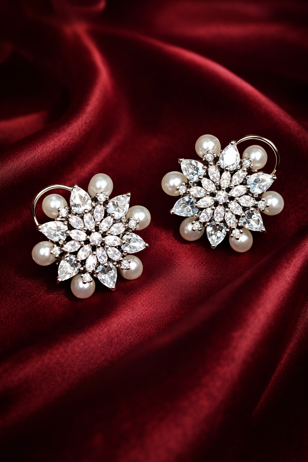 Zevar Club Rhodium-Plated Handcrafted Floral Cubic Zirconia & Pearl Stud Earrings