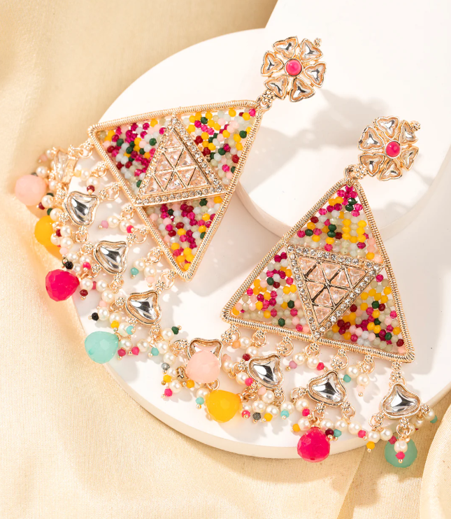 Festive Multicolour Beaded Handcrafted Chandelier Earrings