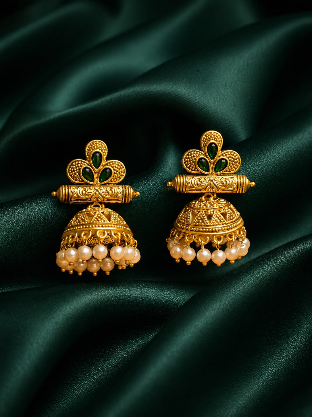 Zevar Club 18K Gold-Plated Green Stone Studded Dome Jhumka Earrings with Pearl Danglers