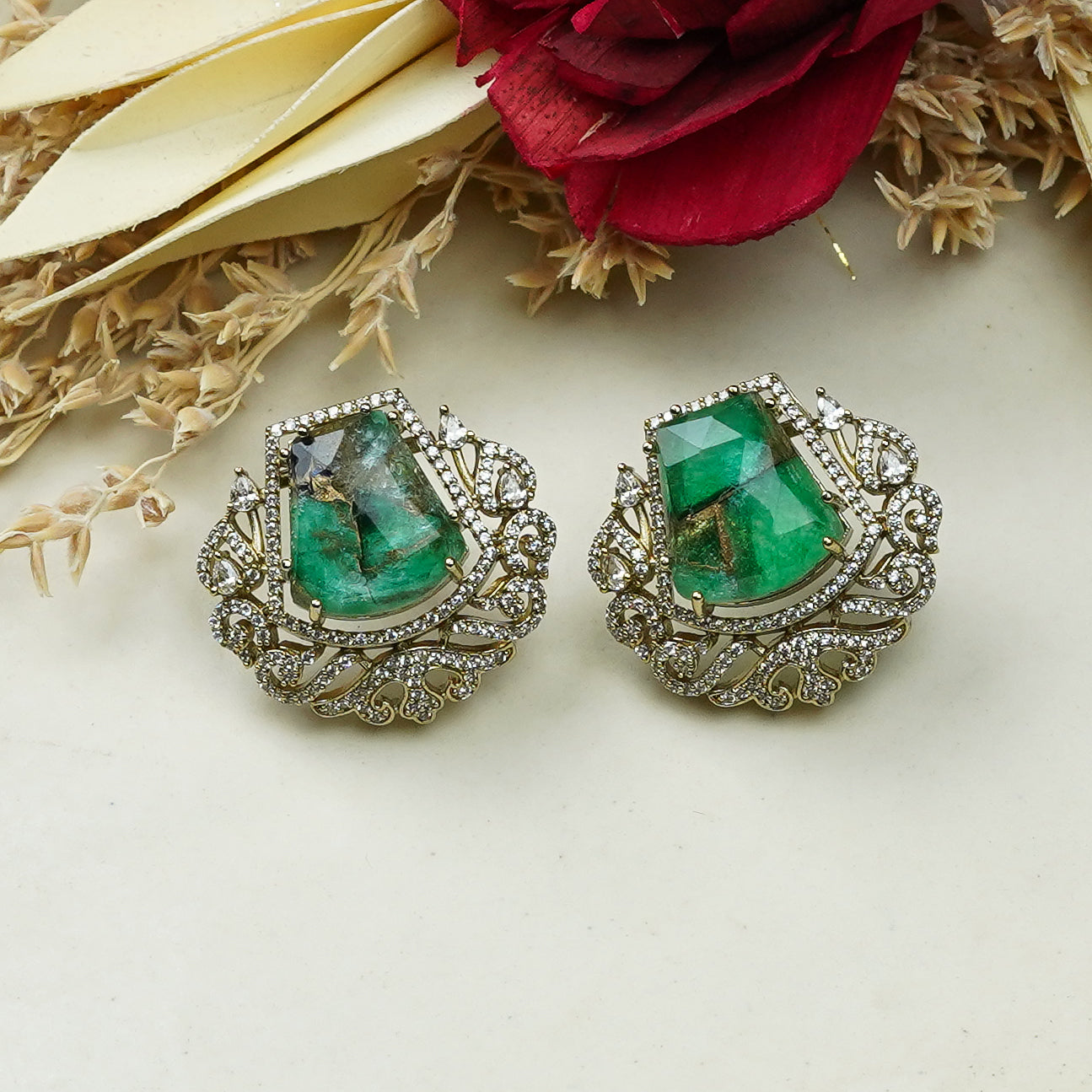 Zevar Club 12K Rhodium Plated Emerald Uncut Victorian Studs Earrings