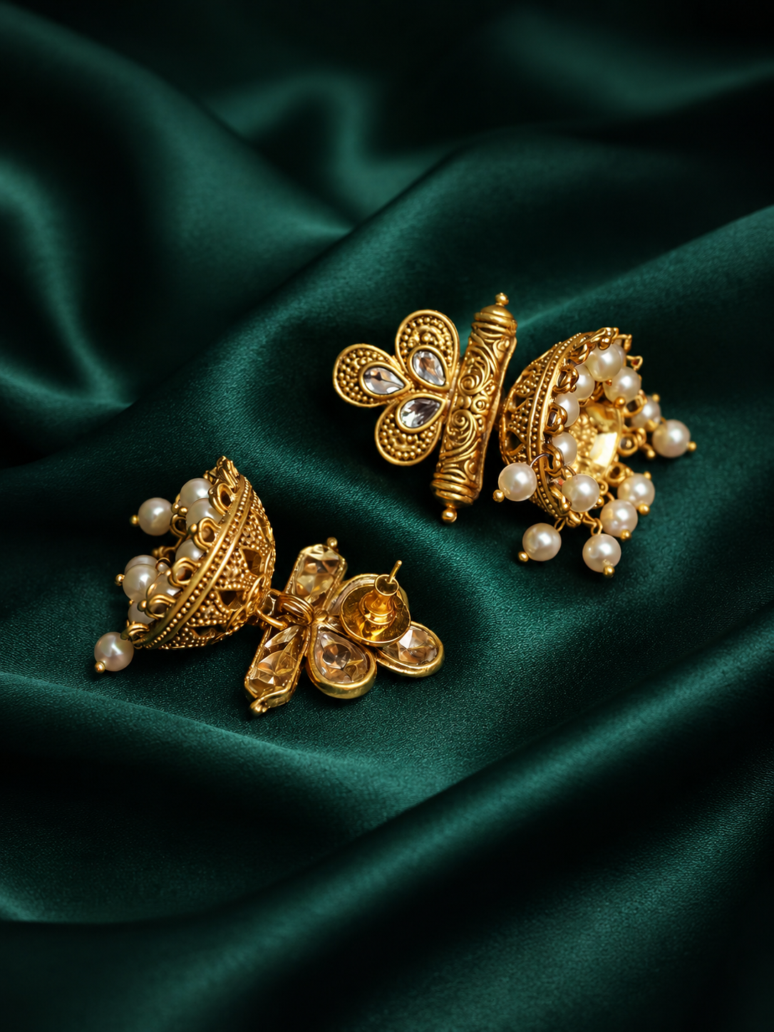 Zevar Club 18K Gold-Plated Green Stone Studded Dome Jhumka Earrings with Pearl Danglers