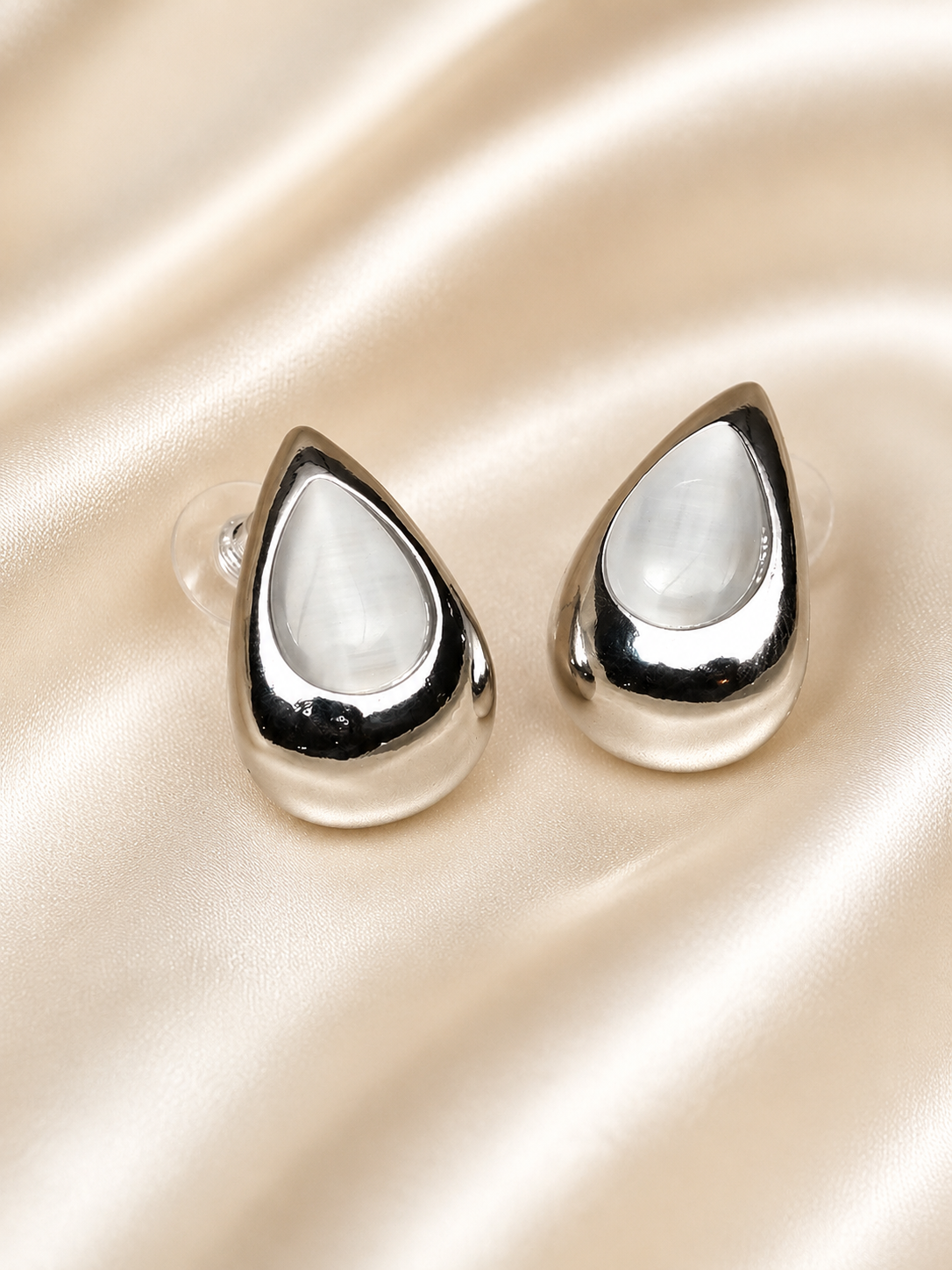 Zevar Club Glossy Silver Tone Stainless Steel Tarnish Free Waterproof Tear Drop-Shaped Mother of Pearl Stud Earrings for Women