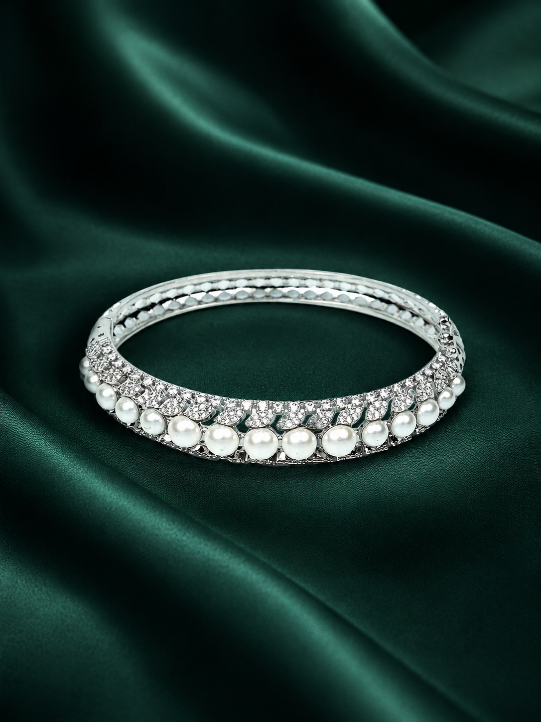 Zevar Club 22K Rhodium-Plated Handcrafted Pearl Embedded Design AAA Cubic Zirconia Studded Openable Bracelet