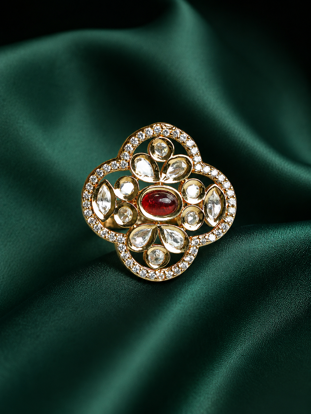 Zevar Club Gold-Toned White Kundan & Ruby Red Stone Studded Floral Adjustable Ring
