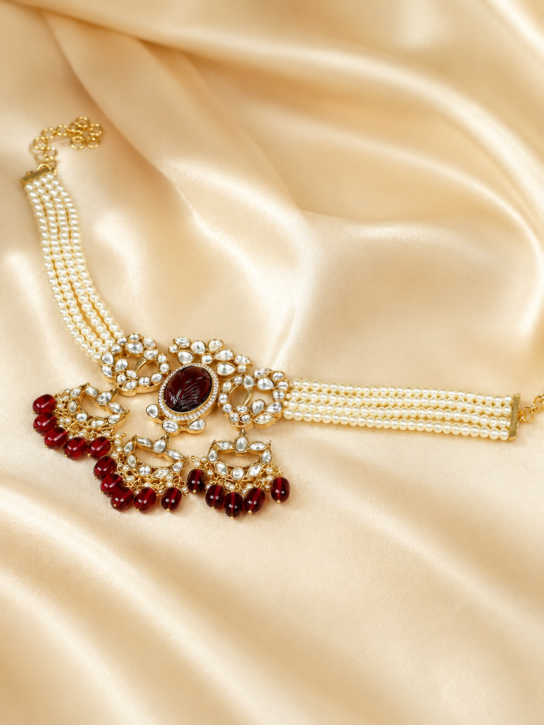Zevar Club White Pearl Beaded Choker Necklace Set with Maroon Stone & White Kundan Studded Pendant and Earrings for Women