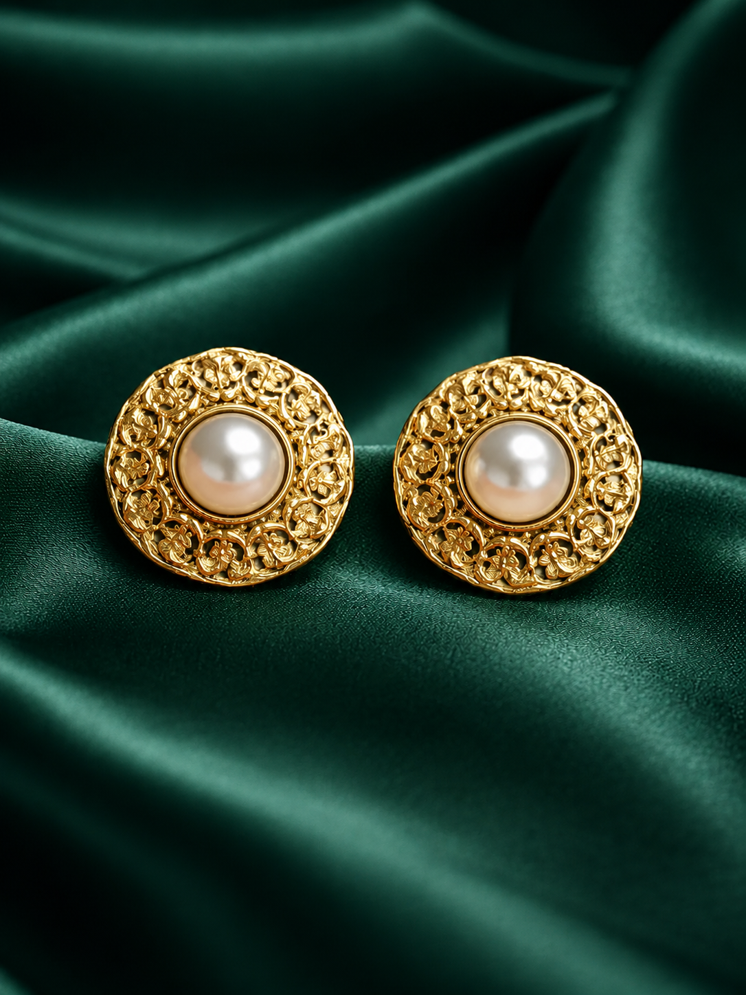 Zevar Club Gold-Toned Antique Statement Stud Earrings with White Pearl Centre & Carved Design
