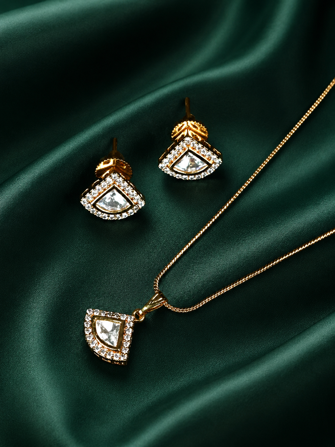 Zevar Club 22K Gold-Plated Cubic Zirconia Studded Geometric Pendant Necklace Set for Women
