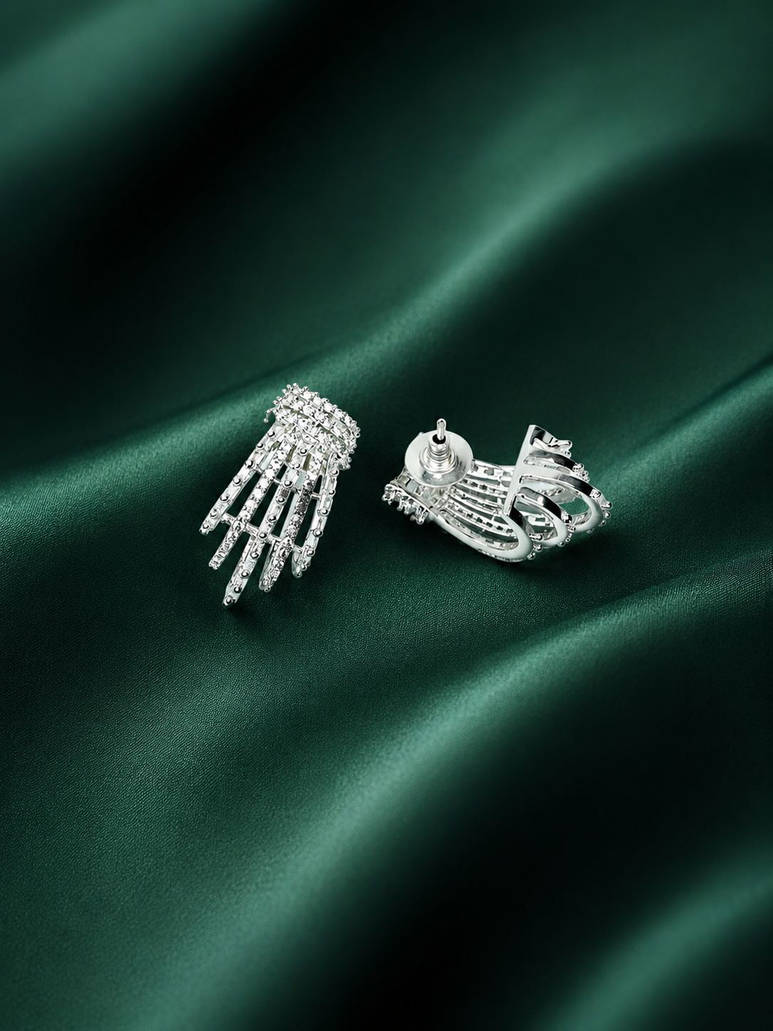 Zevar Club Rhodium-Plated Handcrafted Cubic Zirconia Studded Demi-Fine Layered Fringe Earrings