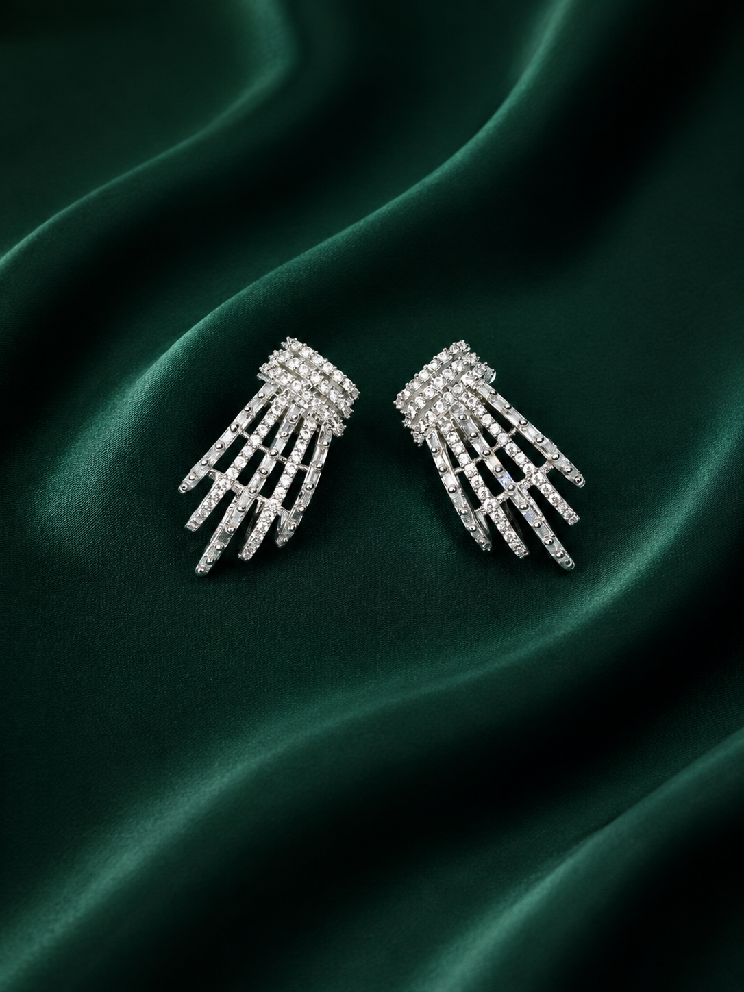 Zevar Club Rhodium-Plated Handcrafted Cubic Zirconia Studded Demi-Fine Layered Fringe Earrings