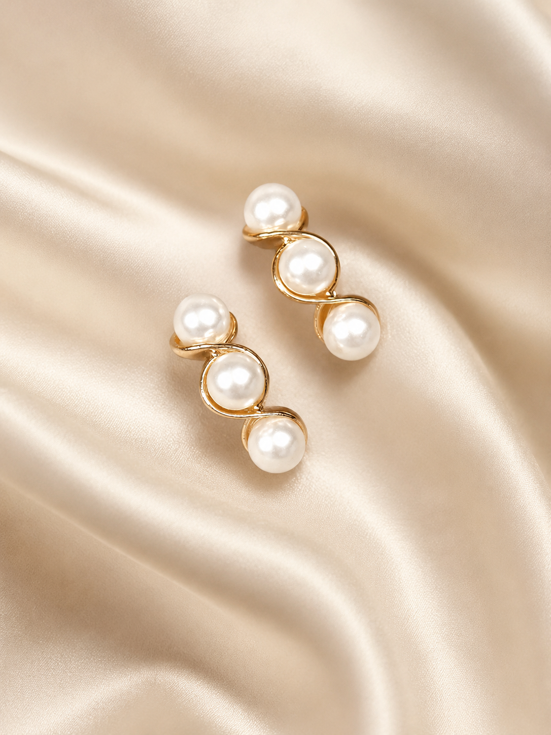 Zevar Club Rose Gold Tone Triple Glossy White Pearl Beaded Curved Wave Design Drop Earrings for Women