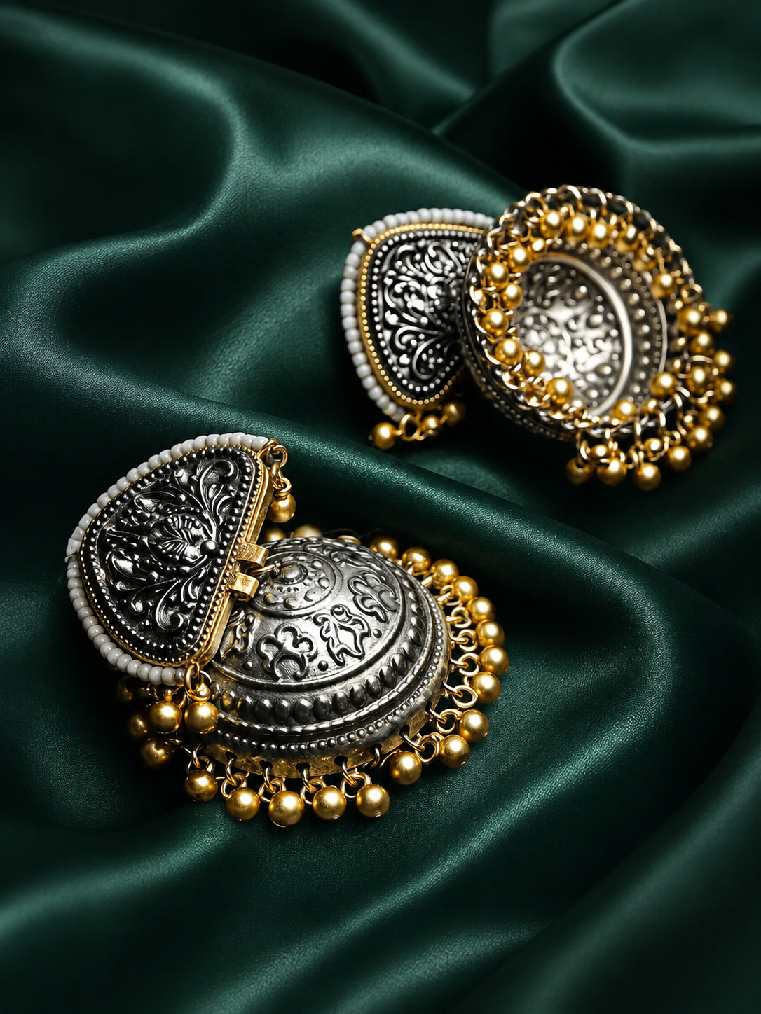 Zevar Club Oxidised Dual-Toned Silver & Gold Jhumka Earrings with Golden Ghungroo Beads