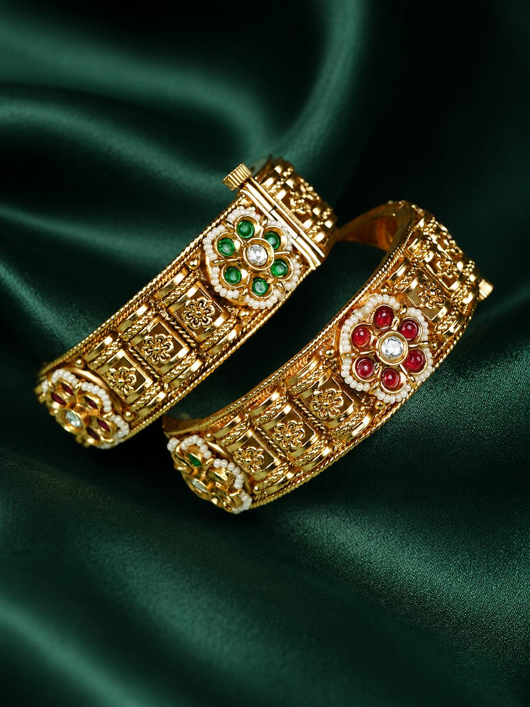 Zevar Club Set of 2 22K Gold-Plated Handcrafted Rajwadi Bangles with Ruby Red & Emerald Green Floral Kundan Motif