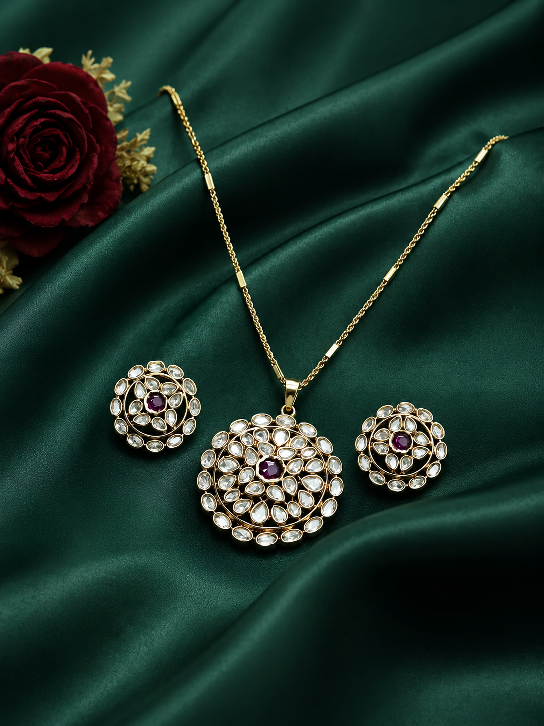 Zevar Club 22K Gold-Plated Cubic Zirconia Maximal Ruby Kundan Pendan Set with Earrings