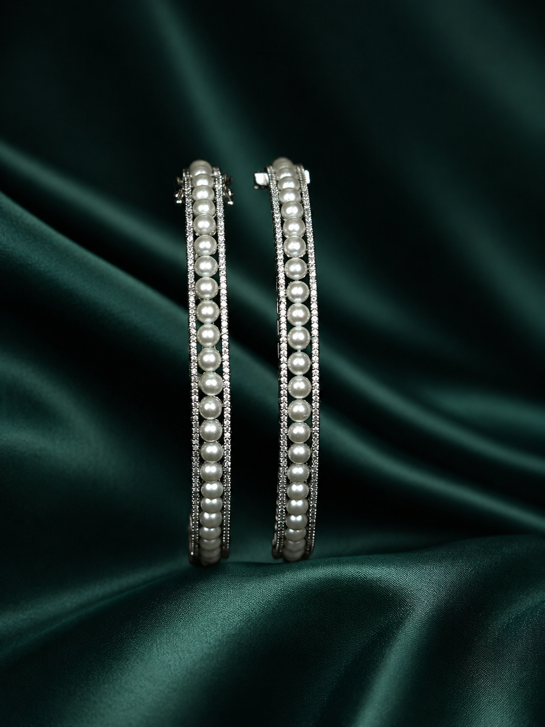Zevar Club Set of 2 Rhodium-Plated Handcrafted Pearl Beaded & AAA Zirconia Premium Bangles