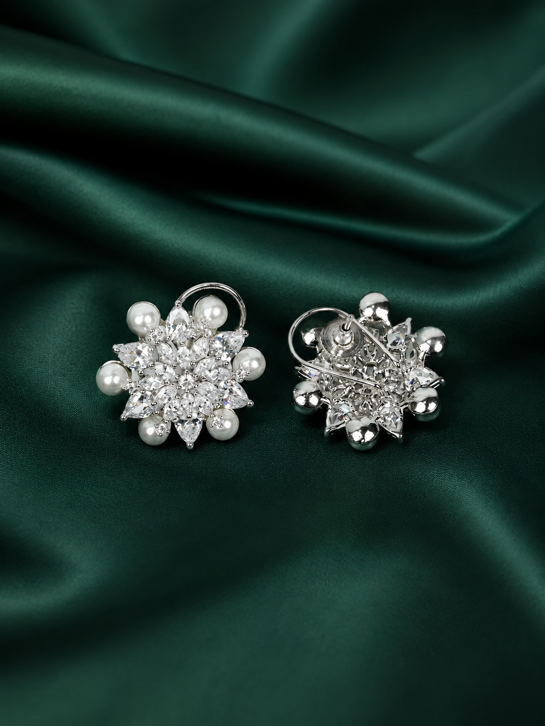 Zevar Club Rhodium-Plated Handcrafted Floral Cubic Zirconia & Pearl Stud Earrings
