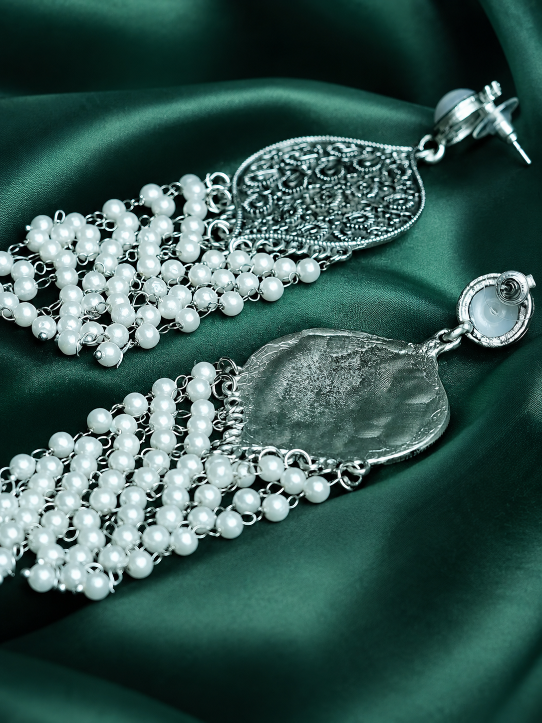 Zevar Club Oxidised Silver-Toned Statement Chandelier Earrings with Multilayer Pearl Beads