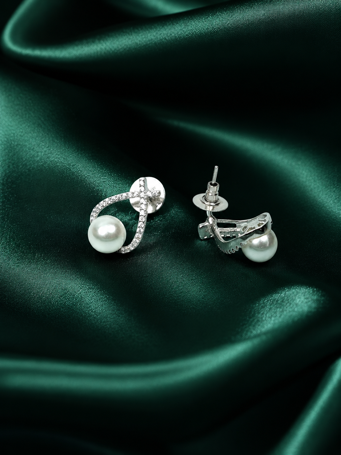 Zevar Club Rhodium-Plated Handcrafted Cubic Zirconia & White Pearl Loop Stud Earrings