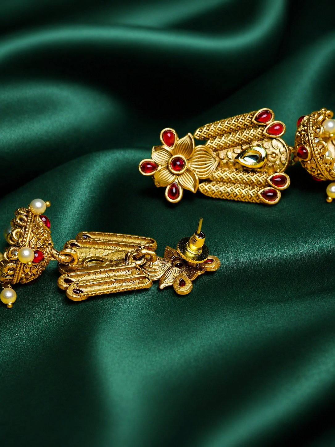 Zevar Club 18K Gold-Plated Green Kundan Stone Studded Floral Drop Earrings with Pearl Jhumka