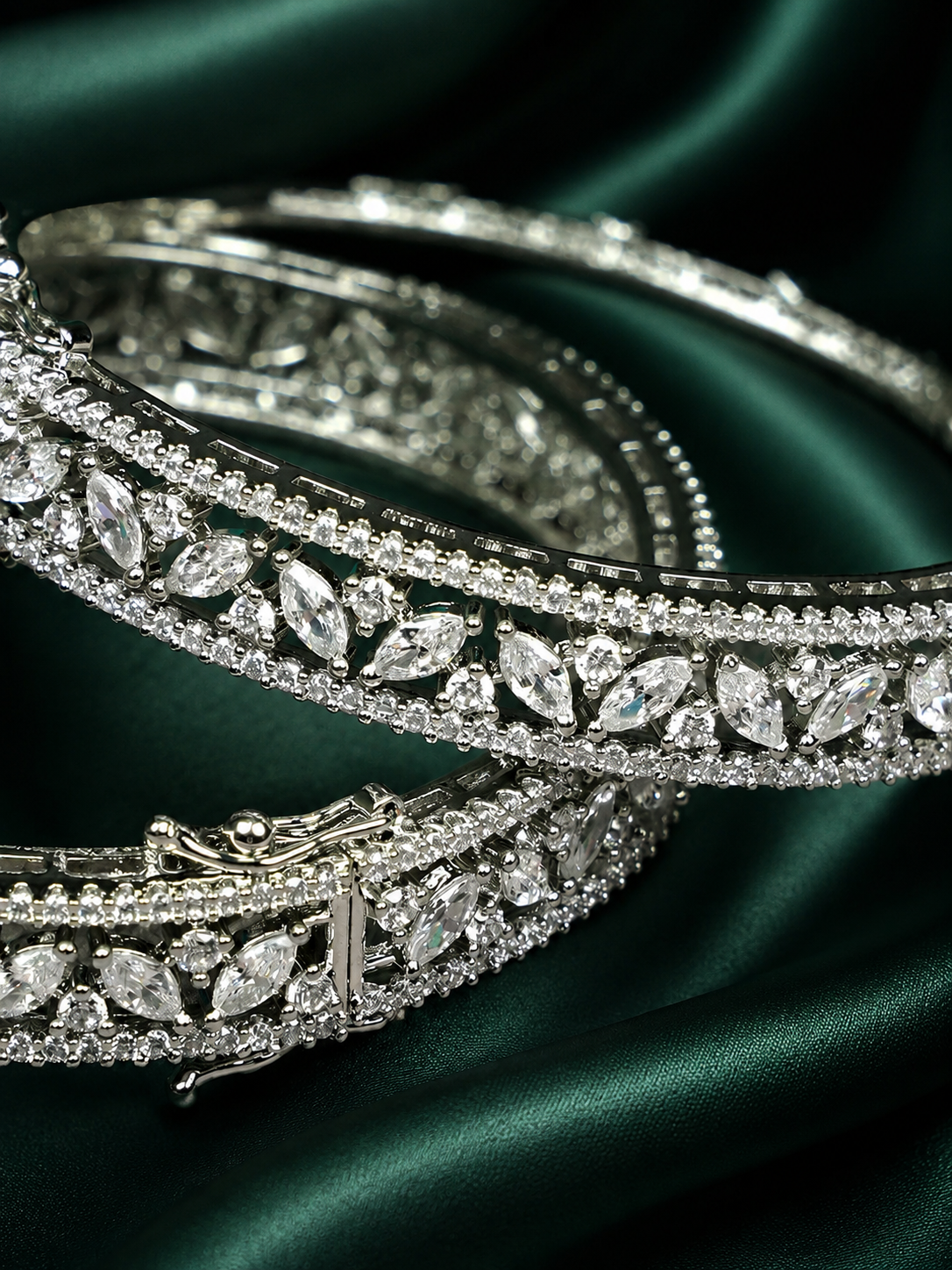 Zevar Club Set of 2 Rhodium-Plated Handcrafted AAA Cubic Zirconia Vine Motif Studded Premium Screw Adjustable Bangles