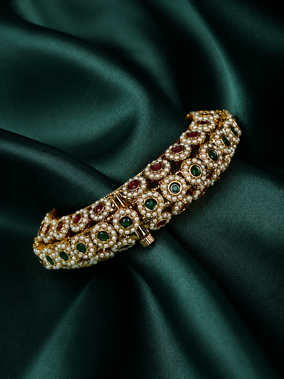 Zevar Club Gold Tone Ruby Red & Emerald Green Stone Studded Pearl Beaded Handcrafted Bracelet for Women