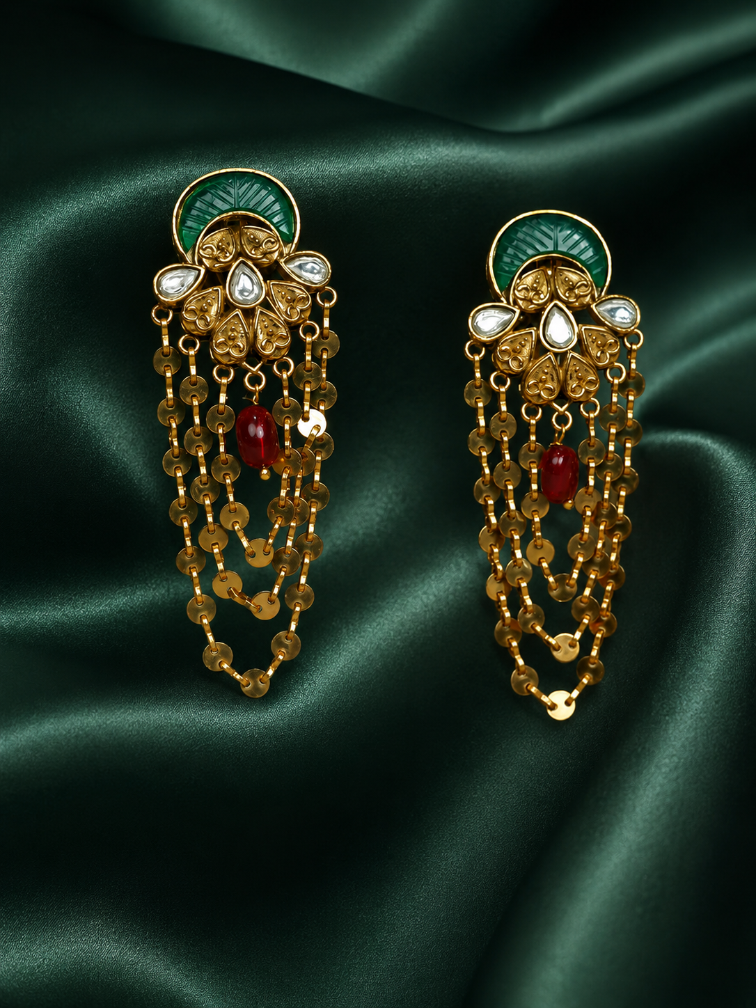 Zevar Club 22K Gold-Plated Handcrafted Pastel Green Enamelled Kundan Earrings with Peach Beads & Multi-Layered Gold-Toned Chains