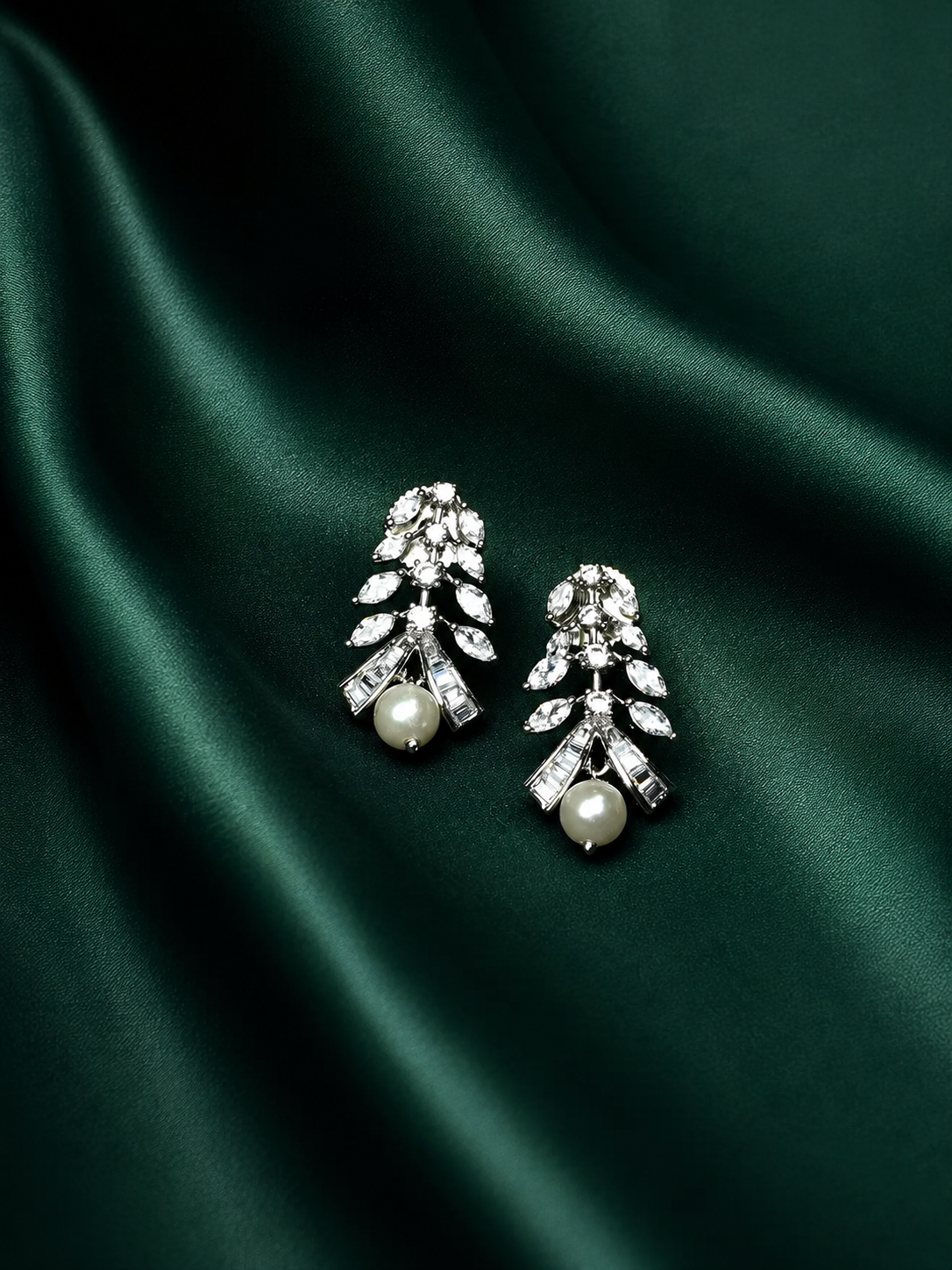 Zevar Club Rhodium-Plated Handcrafted Cubic Zirconia & Pearl Drop Earrings with Leaf Design
